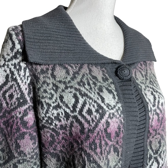 Cotton Blend Fair Isle Cardigan L Vintage VTG Ombre Collared Sweater Purple Gray - Picture 7 of 13